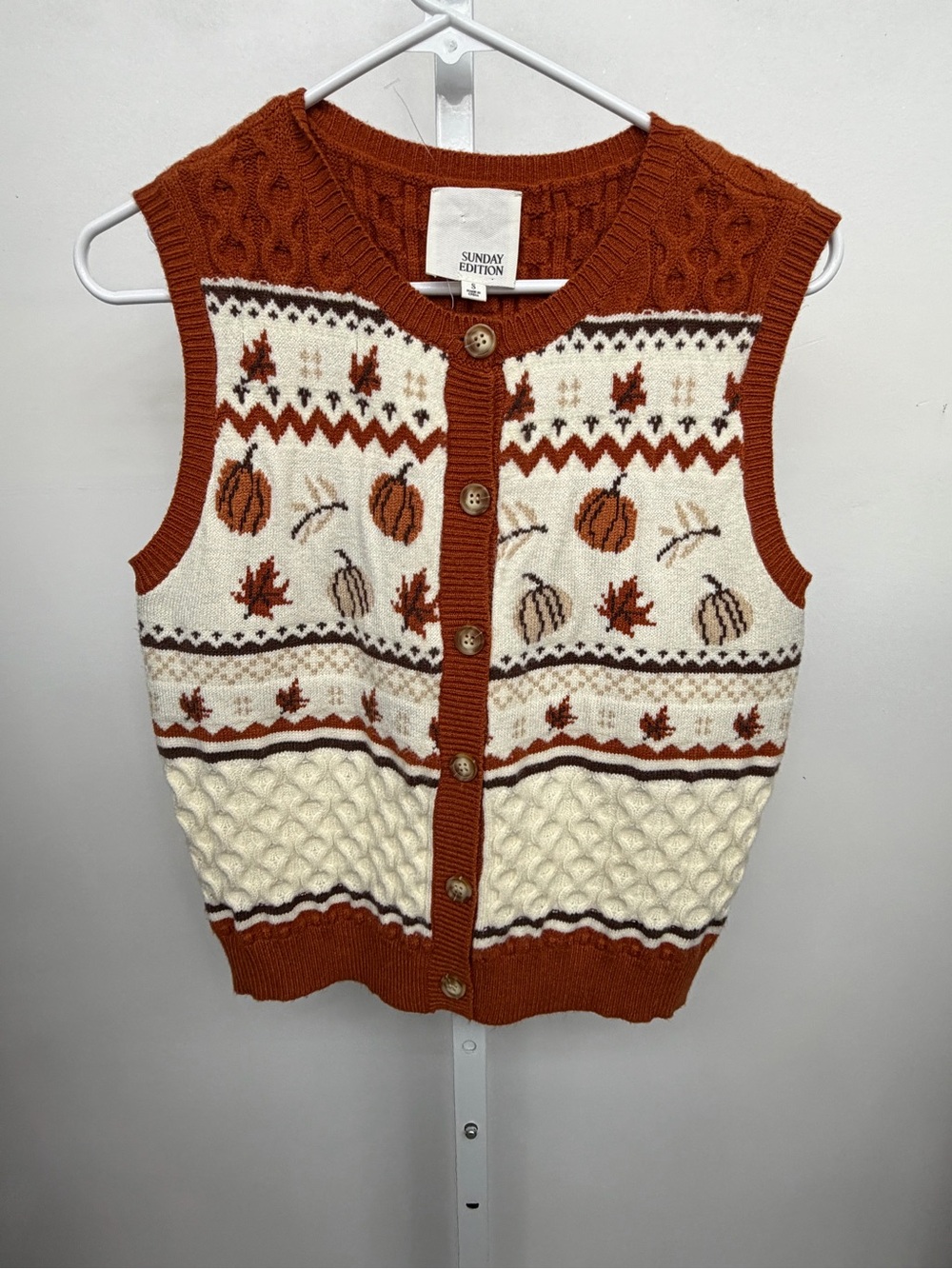 Pumpkin  Cream and Rust Cable-Knit Button Vest Sweater